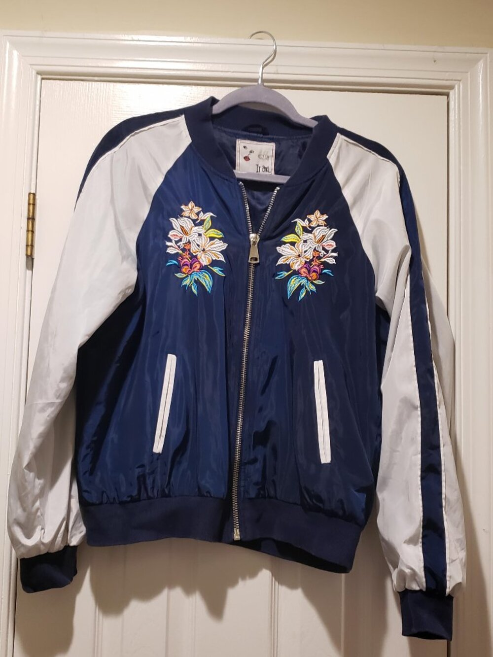 Navy & White Floral Embroidered Bomber Jacket